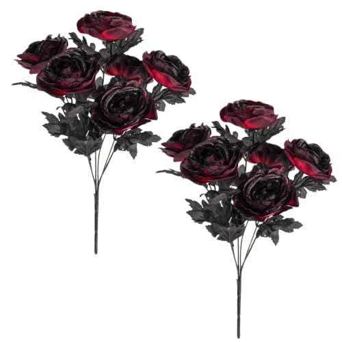Burgundy Artificial Roses Bouquet Gothic Halloween Decor - Set of 2