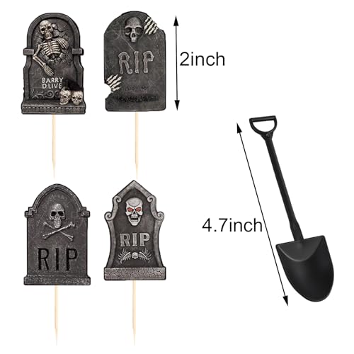Halloween Tombstone Cupcake Toppers with Mini Shovel Spoons - 48 Pieces