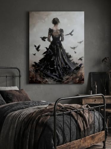 Dark Gothic Woman Canvas Wall Art with Crow Birds - Vintage Moody Poster for Living Room Bedroom Bar 16x24 Style-A