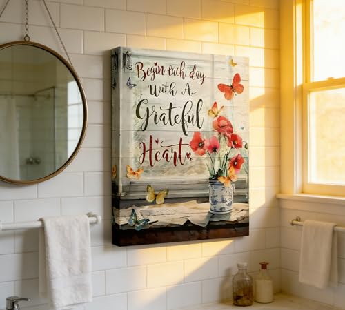 Wrapped Canvas Wall Art - Red Flower Butterfly Poppy Painting 16x24 Inches - Farmhouse Home Decor