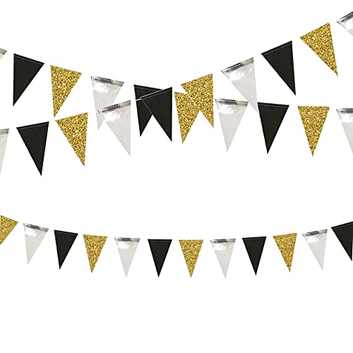 Black Gold Silver Party Banner Set - Glitter Triangle Garland for Celebrations