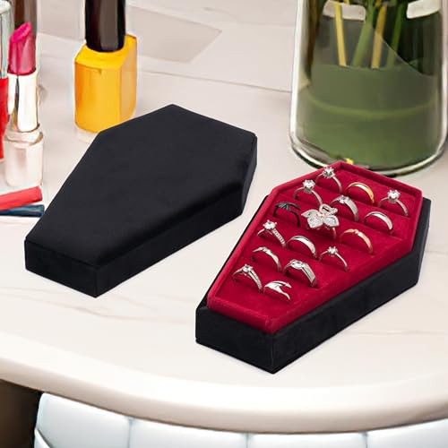 Gothic Velvet Coffin Ring Box Jewelry Organizer - Black & Red Variation