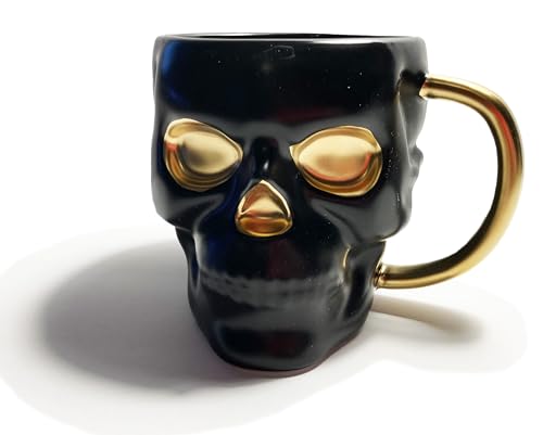 Large 20 oz Skull-Shaped Ceramic Mug with Gold Accents - Gothic Coffee Cup