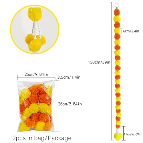 Artificial Marigold Garlands for Diwali & Festival Decorations - 2 Pack 4.9ft Long Flower Strands