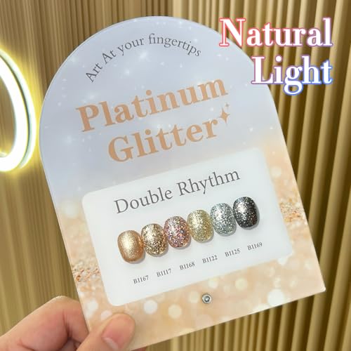 Double Rhythm Glitter Gel Polish Set - 6 Colors, 15ml Full Size Kit with Display - Platinum Glitter Variation