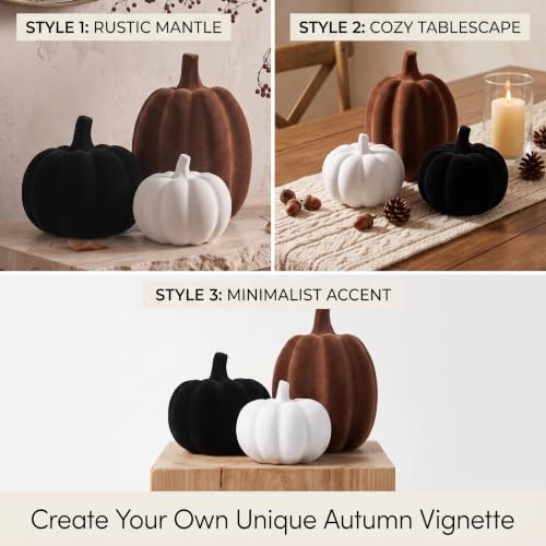 Flocked Velvet Finish Pumpkin Decor Set - White, Brown & Black Resin, 3pcs - Thanksgiving & Fall Home Decor