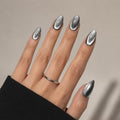 Herlight Graphite Pulse Black Cat Eye Reusable Press On Nails - Almond, Silver Shimmer, Short Style