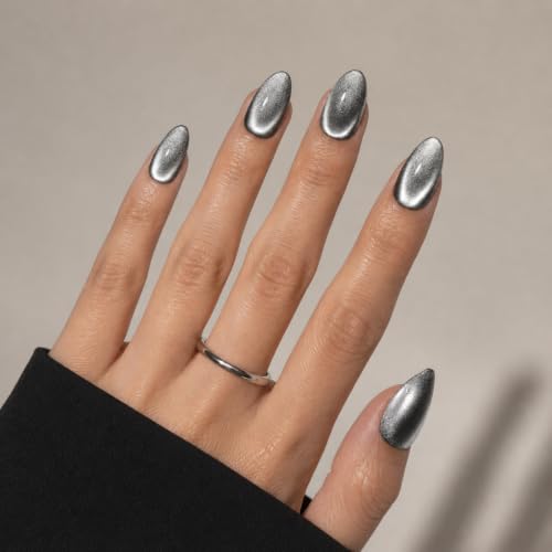 Herlight Graphite Pulse Black Cat Eye Reusable Press On Nails - Almond, Silver Shimmer, Short Style
