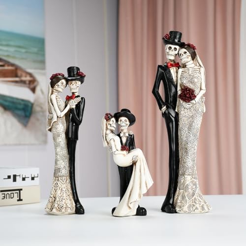 Black and White Skull Wedding Sculpture - Gothic Skeleton Figurine, Hand-Painted Resin Romantic Decor, 13 Inches
