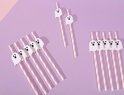 Pink Halloween Ghost Paper Straws - 12 Pack Cute Party Supplies