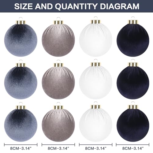 Velvet Christmas Ornaments Set - 12pcs 80mm Light Blue White Dark Blue Gray