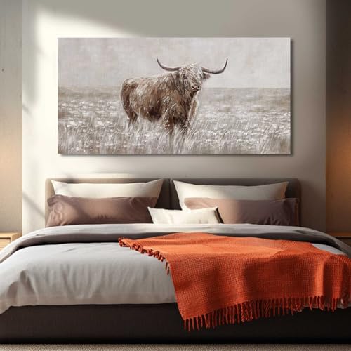 Highland Cow Canvas Wall Art Rustic Decor - Brown, 48 x 24 Inches