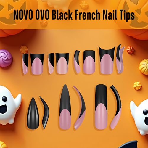 Medium Black French Tip Duck Nail Tips Set - 150pcs, Full Cover, Moon Curve, Soft Gel