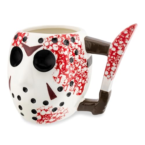 Friday the 13th Jason Mask Coffee Mug with Knife Handle - 20oz Ceramic Collectible, Multicolor