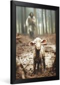 Christian Wall Art Jesus Chasing Lost Lamb Framed Canvas 16x20 Navy