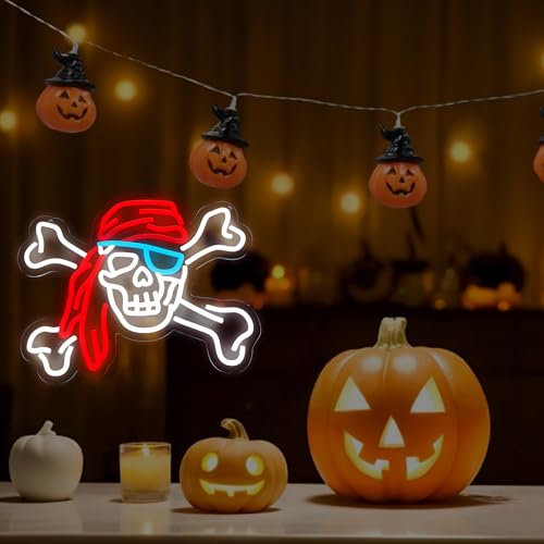 Pirate Neon Lights Skull Neon Sign - Red Bandana & Blue Eyepatch - USB Powered LED Decor - Variation: BCB-Red