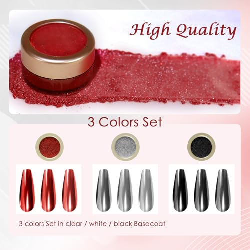 Chrome Nail Powder Set - 3 Colors Mirror Effect Glitter for Nails - Variation of 3ps-Red Black Silver