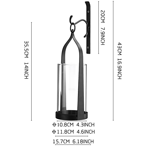Black Wall-Mounted Candle Sconce Set of 2 - Rustic Iron & Glass Hurricane Holders