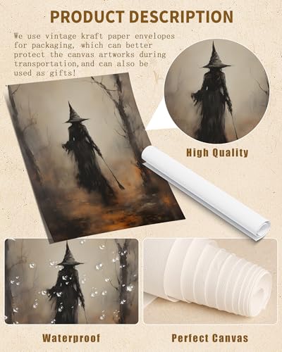 Halloween Witch Wall Art - Rustic Gothic Canvas Print, Unframed, 8x10 - Variation: Witch 10"L x 8"W