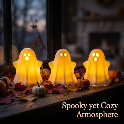 Set of 3 Glossy White Ceramic Ghost Halloween Decor Light Up Figurines