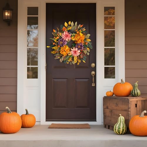 24 Inch Autumn Front Door Wreath with Artificial Flowers and Pumpkins