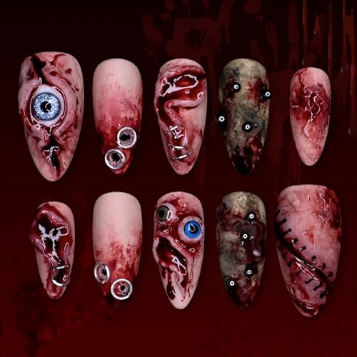 Halloween Press On Nails Short Almond Blood Eye Blood Stain Horror Design Gothic 30pcs - Spooky Manicure