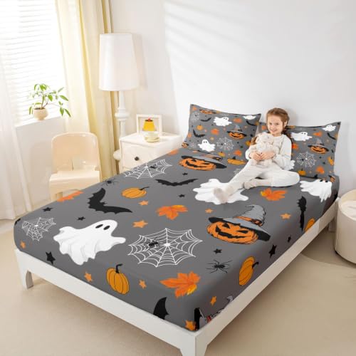 Halloween Bats & Spider Web Fitted Sheet Set Queen Size - Kids & Adults