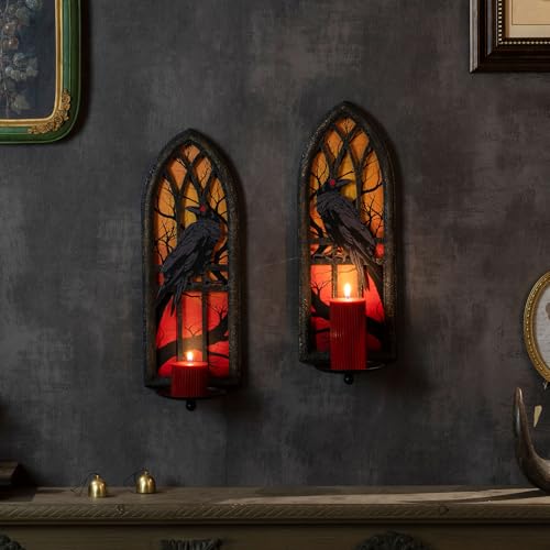 Crow Gothic Wall Candle Sconce Set of 2 - Wrought Iron Candelabra with Removable Trays for Taper & Pillar Candles, Medieval Cathedral Window Design, Dark Academia Decor