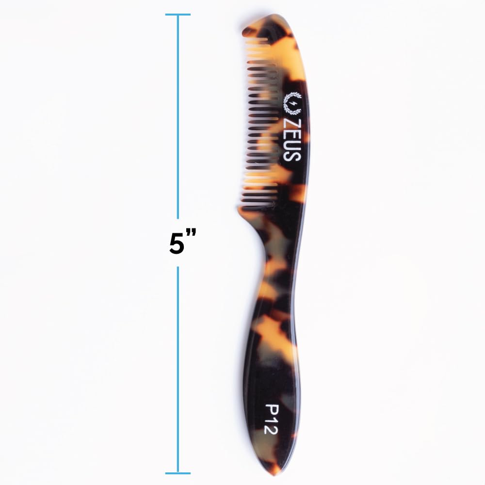 ZEUS Large 5” Mustache Comb for Men, Handmade Saw Cut, Long Handle Beard & Mustache Grooming Tool for Precise Styling (Tortoiseshell) P12