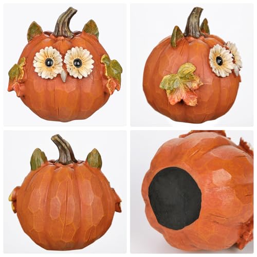 Fall Pumpkin Decor Small Fake Pumpkins with Owl Face - Orange Resin Set of 3