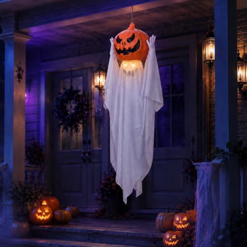 42-Inch Halloween Hanging Ghost Decoration with LED Eyes and Pumpkin
