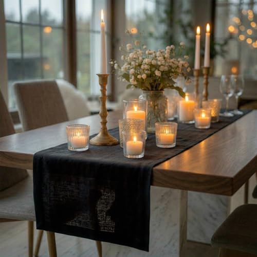 Pure Linen Dining Table Runner Black 14x48 Inches - Handcrafted, Medium Weight