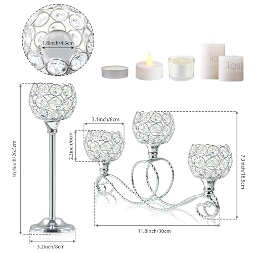 Silver 5 Arm Crystal Tea Light Candle Holder Set of 3 - Elegant Wedding & Holiday Decor