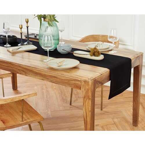Pure Linen Table Runner Black 14 x 120 Inches - Medium Weight, Handcrafted