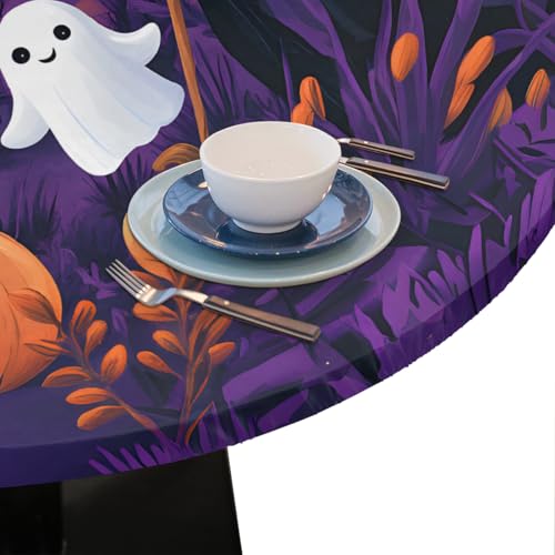 Halloween Pumpkin Castle Fitted Round Tablecloth - Waterproof & Washable, 45-50 Inch Variation A-01