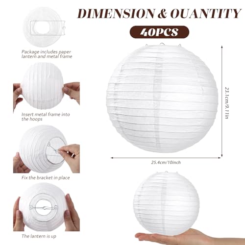 10 Inch White Paper Lanterns - Pack of 40 Hanging Chinese Japanese Decor