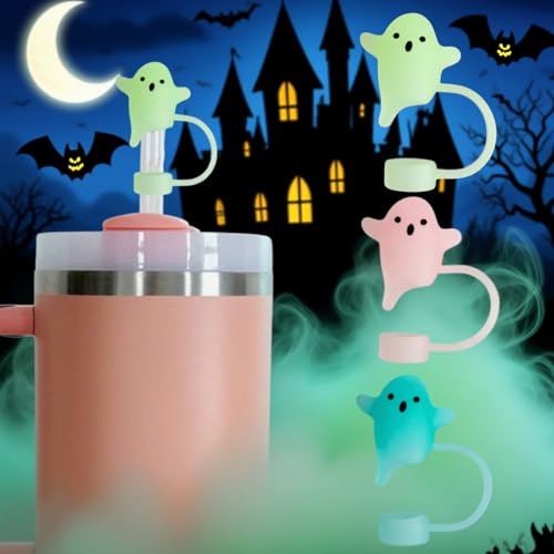 Luminous Halloween Ghost Straw Covers Set for 30 & 40 Oz Tumblers - Silicone Drink Topper