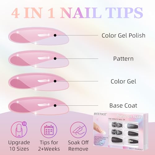 Halloween Coffin Press On Nails Medium Fake Nails 3D Rose Skull Matte Black with Colorful Variation