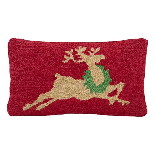 Reindeer Hand Hooked Christmas Pillow 9x16 Inches for Couch or Dorm - Holiday Decor