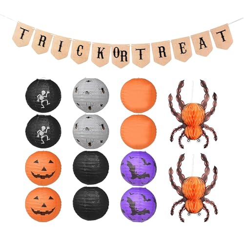 Halloween Paper Lanterns Set - Spider Bat Skeleton Pumpkin Decorations, 15 Pieces, 12 Inches, Colors