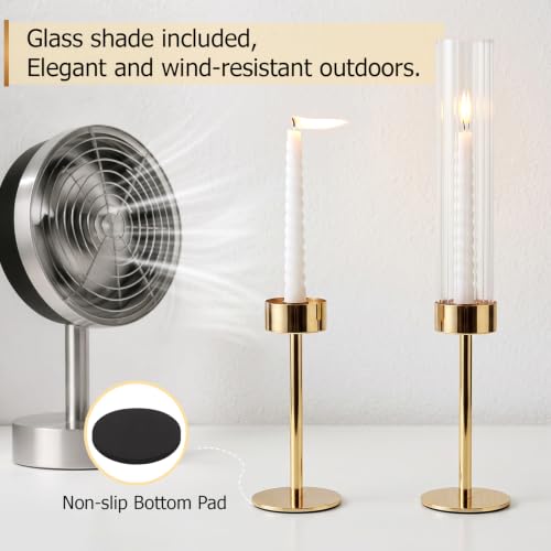 Gold Hurricane Taper Candle Holders Set of 6 - Brass & Ribbed Glass Centerpieces for Wedding & Home Decor