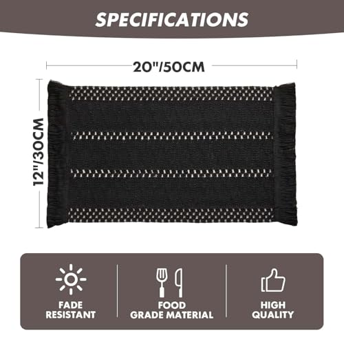 Boho Macrame Style Placemats Set of 4 - Black 12x20 Inches