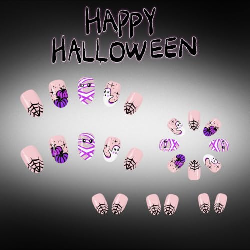 Halloween Short Almond Press-On Nails Set with Ghost Pumpkin Spider Web Mummy Design - HO09