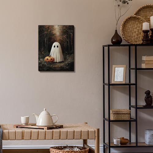 Halloween Ghost Pumpkin Canvas Wall Art - 11x14 Inch Spooky Home Decor