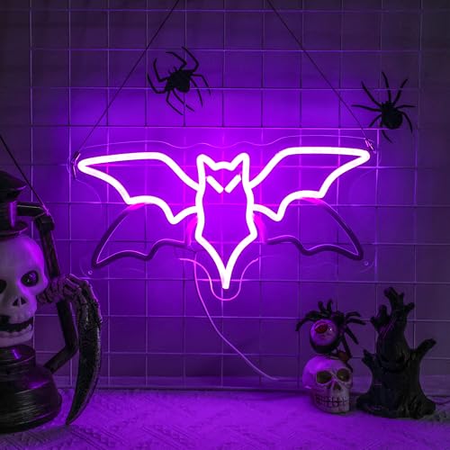 15IN Purple Bat Neon Sign Halloween Wall Decor - 3D Animated LED Light for Bedroom & Party