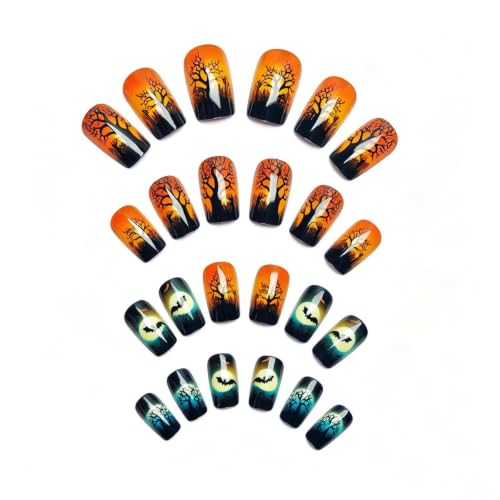 Halloween Press On Nails - Medium Square Gradient Color Fake Nails with Dead Tree, Bats & Moon Design - Variation Hall12
