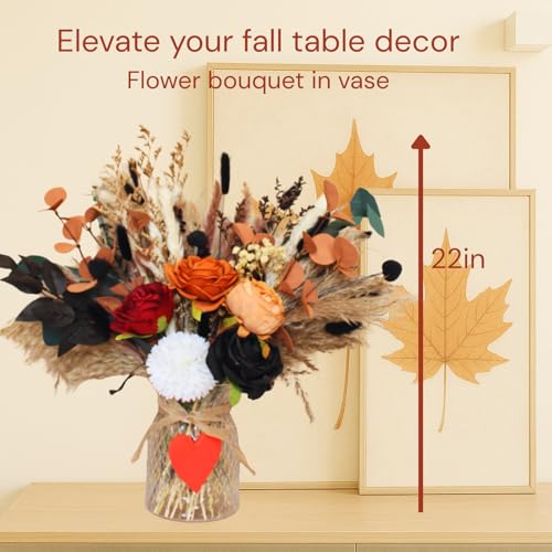 Fall Dried & Artificial Floral Centerpiece in Vase – Orange Bouquet for Thanksgiving & Xmas Decor