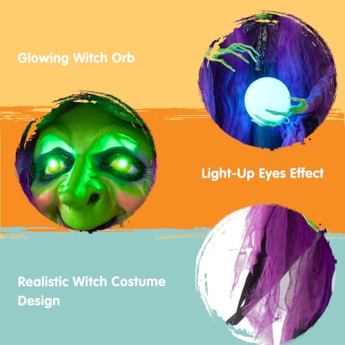 Halloween Hanging Witch Decor with Light-Up Eyes and Magic Ball - Outdoor Yard Yard Decor