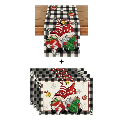 Buffalo Plaid Gnome Xmas Tree Place Mat Set with Table Runner - Holiday Decor