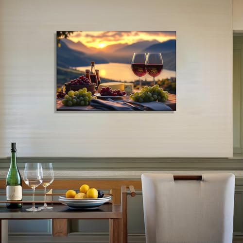 Wine Canvas Wall Art - Lakeside Sunset & Fruit Goblet Painting - 12x18 Inch Art-3